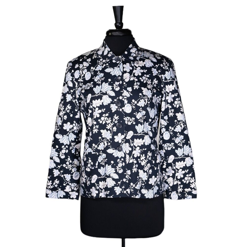 Talbots Women's Jacket Blue White Floral Lined Career Work Cottagecore Blazer 8P